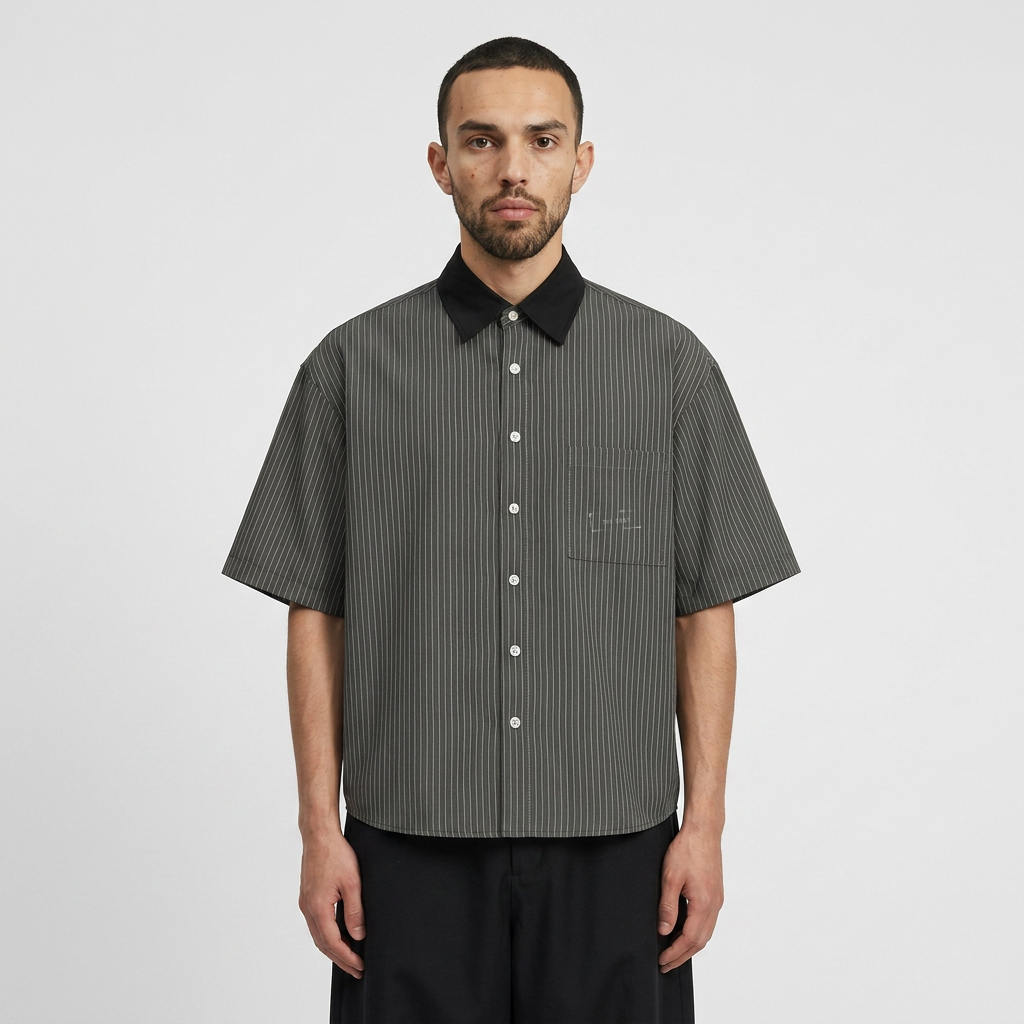 THE COST Shirt — charcoal pinstripe front, Mateo